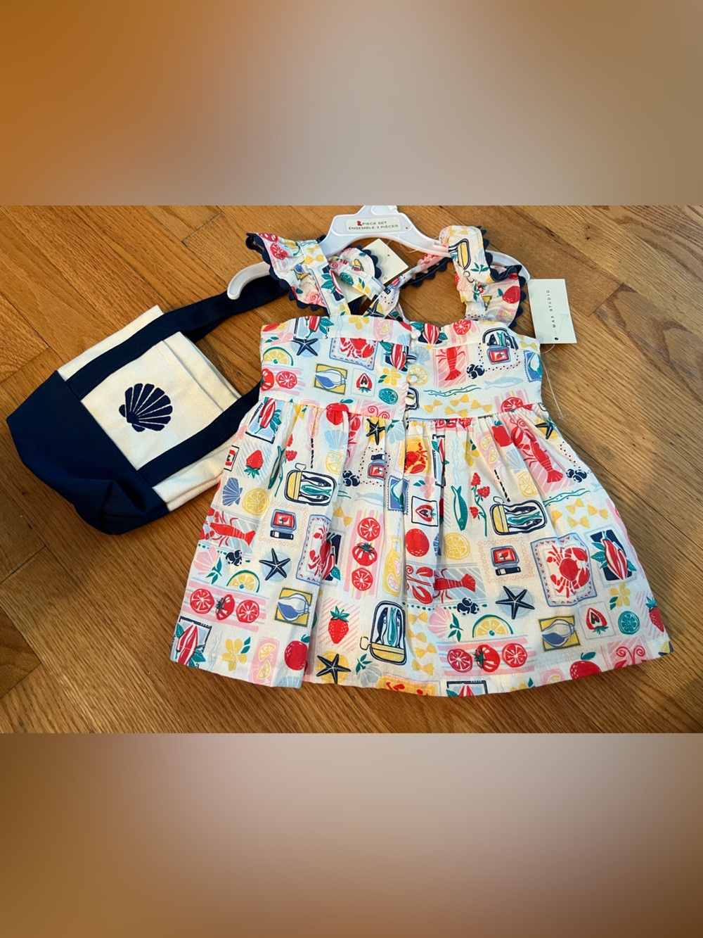 Kids Summer Shirt with Fruit & Sea Print & canvas seashell bag- Multicolor